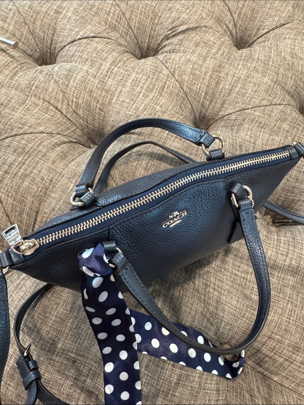 COACH Bag Mini Kelsey Pebbled Leather Metallic Navy Tote Crossbody - Picture 11 of 17